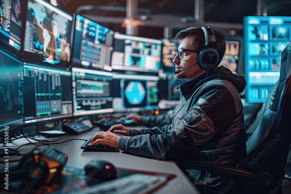 The operator sits at a workstation with multiple screens in the center The operator sits at a workstation with multiple screens in the center