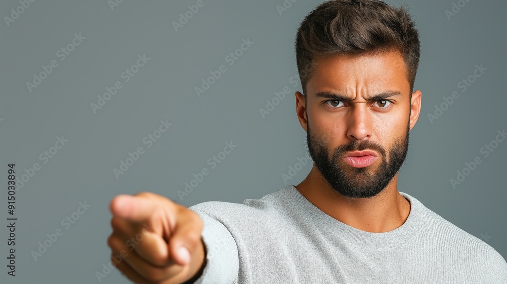 A man with a beard and a pointy finger is pointing at something. He has a serious expression on his face A man with a beard and a pointy finger is pointing at something. He has a serious expression on his face
