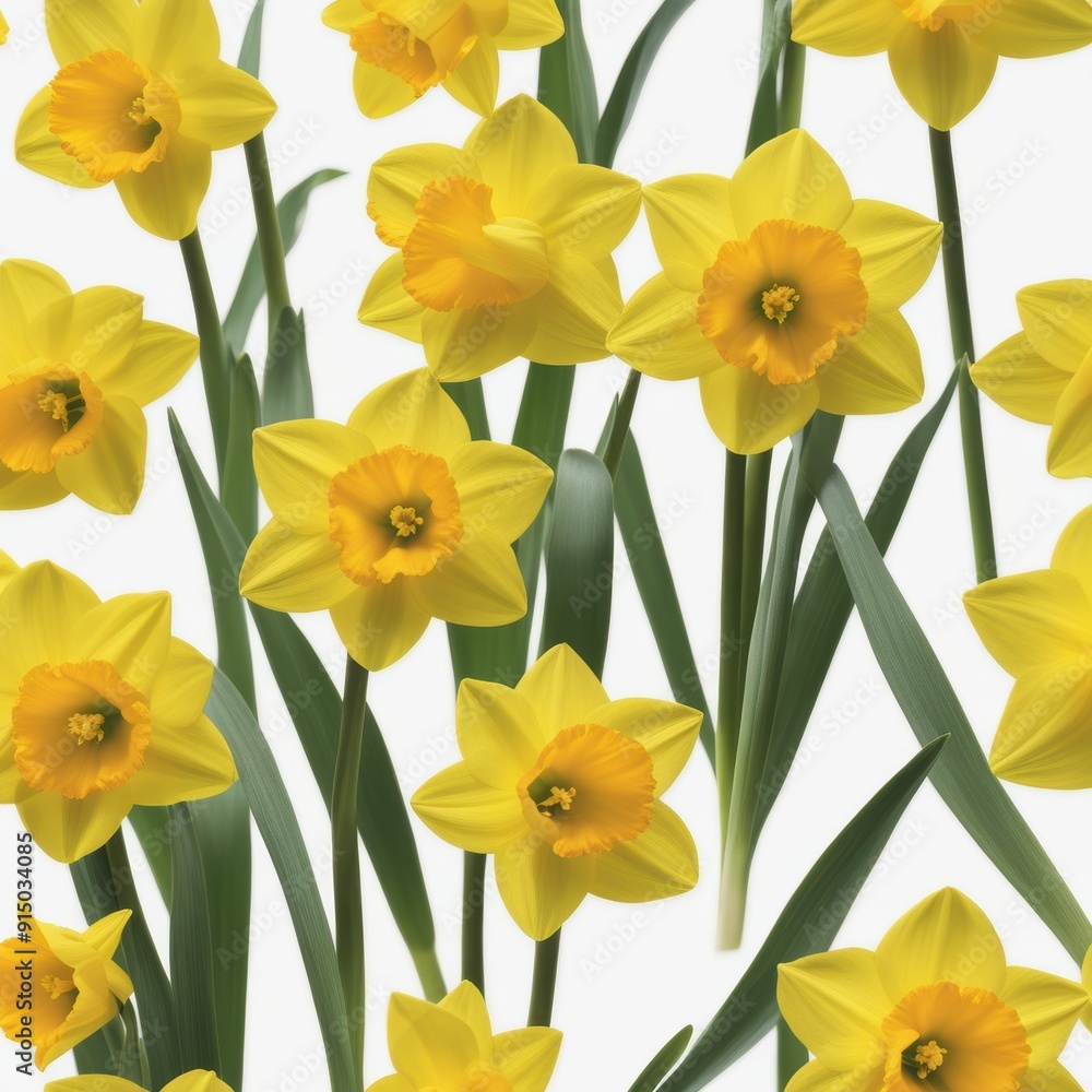 Close-up of bright yellow daffodils with long green stems trumpet-shaped blooms. Close-up of bright yellow daffodils with long green stems trumpet-shaped blooms.