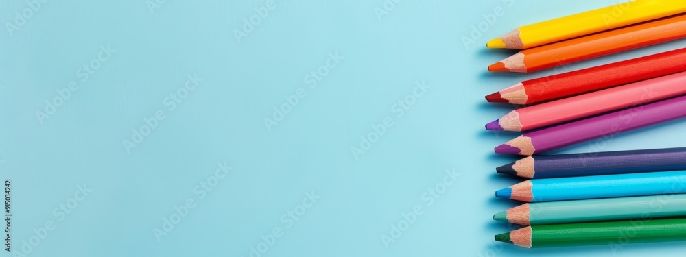 A collection of color pencils aligned vertically on a light blue backdrop, allowing text inscription area A collection of color pencils aligned vertically on a light blue backdrop, allowing text inscription area