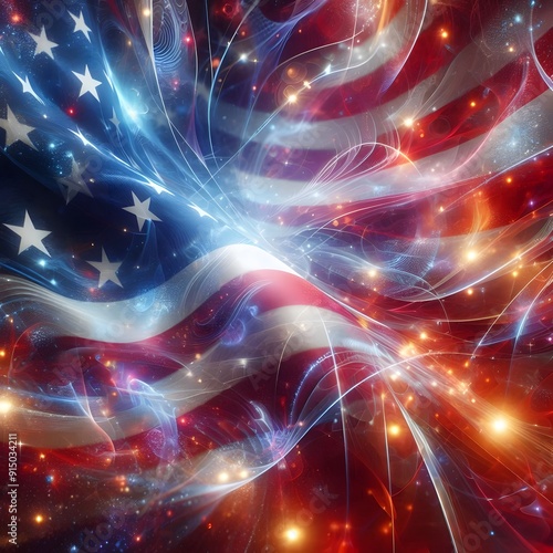 Wallpaper Mural Vibrant American Flag Waving with Glowing Lights: Abstract Patriotic Digital Art for National Events Torontodigital.ca