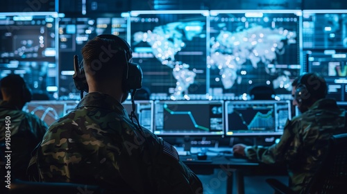 A military command center with soldiers and digital screens displaying maps