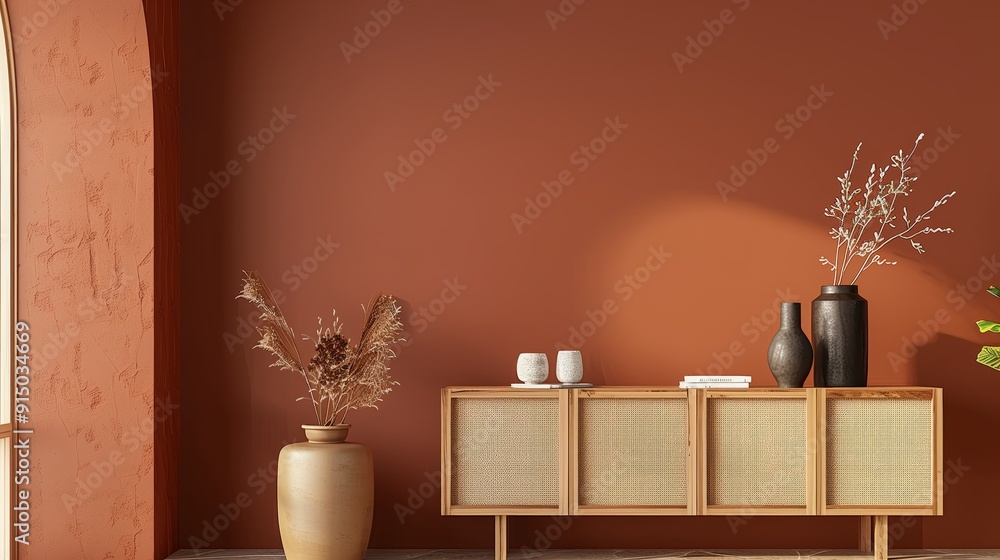 Fototapeta premium A photo of an empty wall with a warm terracotta color, featuring a modern sideboard in the foreground.