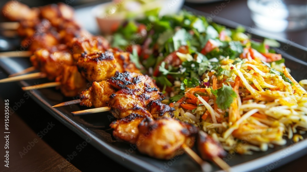 A close-up of a plate featuring a fusion of Thai and Indian cuisine, with dishes like chicken tikka and spicy papaya salad. A close-up of a plate featuring a fusion of Thai and Indian cuisine, with dishes like chicken tikka and spicy papaya salad.