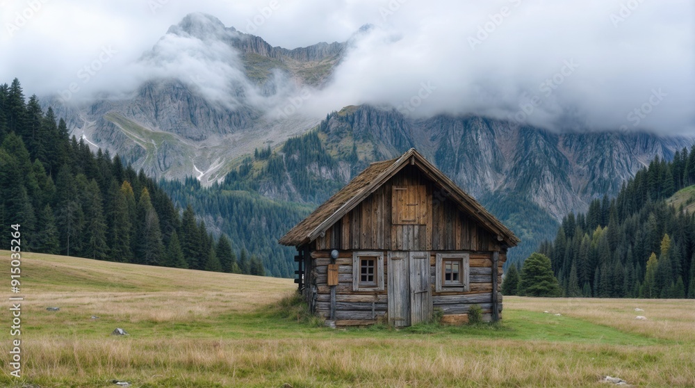 old wooden hut cabin in mountain alps at rural landscape old wooden hut cabin in mountain alps at rural landscape