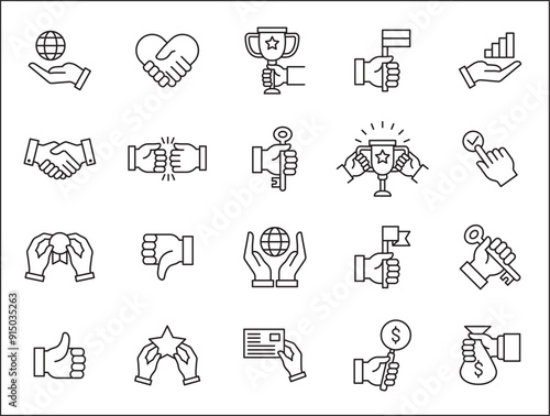 Business icons. Entrepreneurship icon set. Success business symbol collection. included icon of trophy, profit, money bag, hand holding key, handshake, achievement. Vector isolated in white.