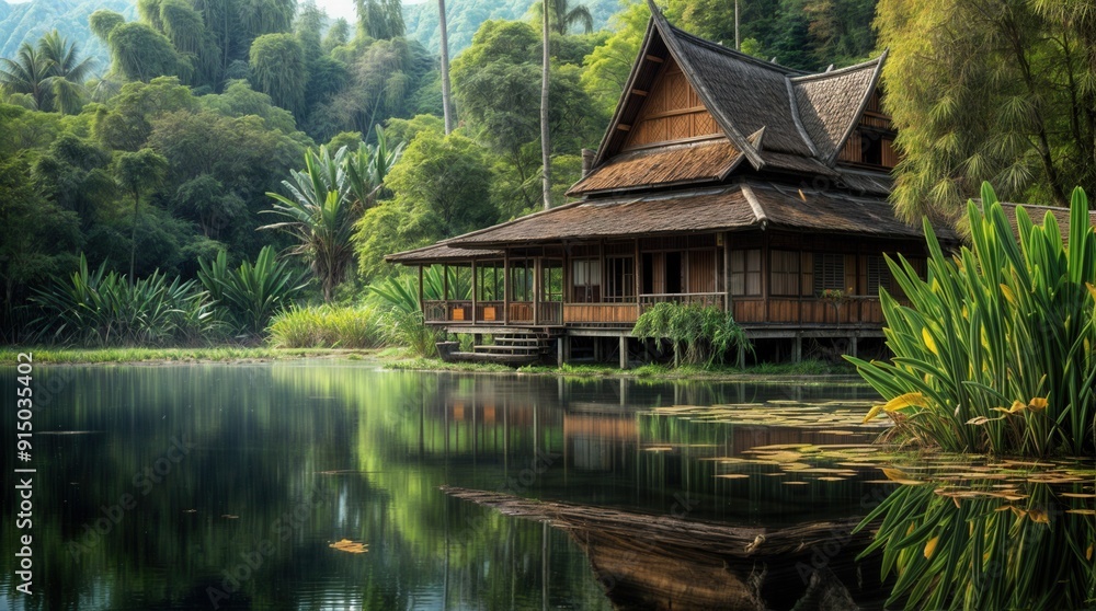 Pond landscape, traditional wooden house Pond landscape, traditional wooden house