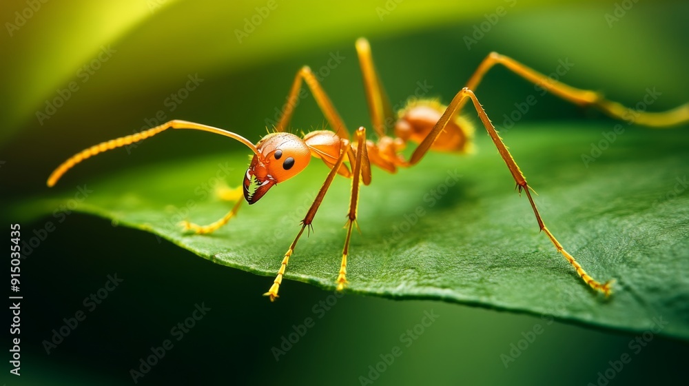 A close-up of a red ant crawling on a green leaf, showcasing its detailed body structure and legs. A close-up of a red ant crawling on a green leaf, showcasing its detailed body structure and legs.