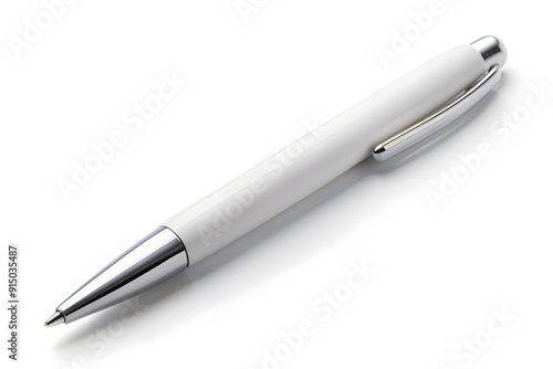 A simple, white pen lying flat on a white background. This mock-up is perfect for stationary or promotional product branding.