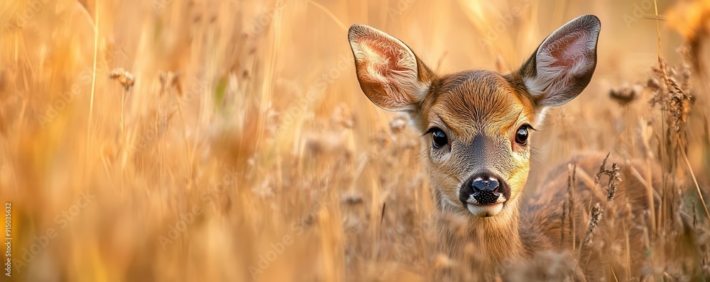 Obraz premium A young deer peeks through golden grass, showcasing its delicate features in a serene natural setting.