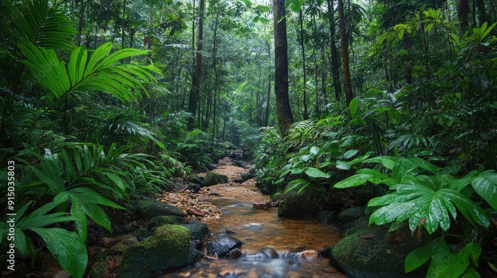 Fototapeta premium Rainforest with dense foliage and a clear stream, lush and vibrant