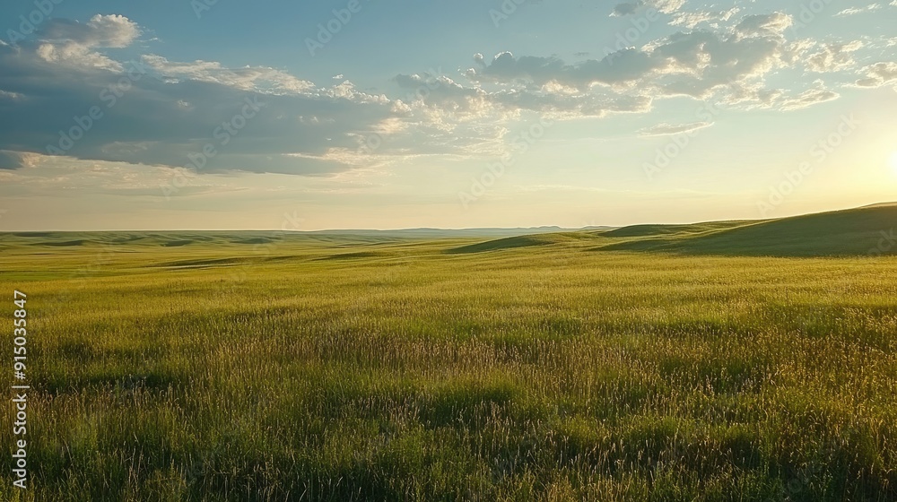 Prairie landscape with rolling grasslands and a wide-open sky, expansive and serene Prairie landscape with rolling grasslands and a wide-open sky, expansive and serene