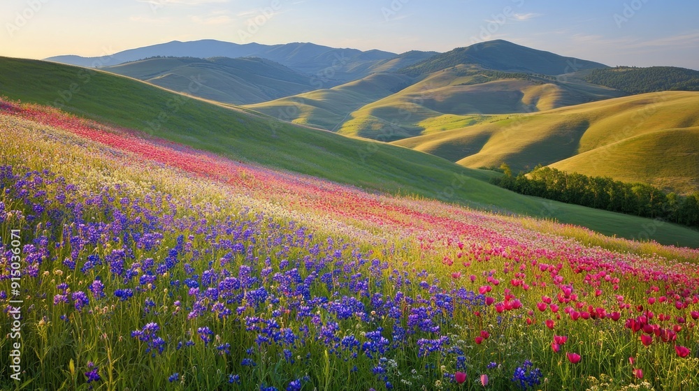 Obraz premium Rolling hills covered in wildflowers during springtime, colorful and scenic view