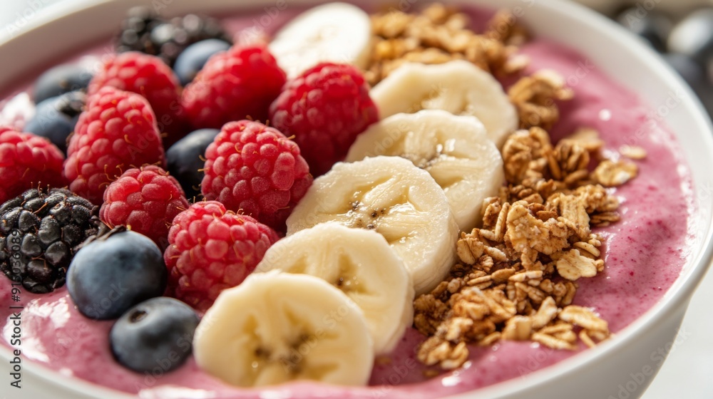 A close-up of a smoothie bowl topped with granola, sliced bananas, and fresh berries, emphasizing its colorful and healthy toppings. A close-up of a smoothie bowl topped with granola, sliced bananas, and fresh berries, emphasizing its colorful and healthy toppings.
