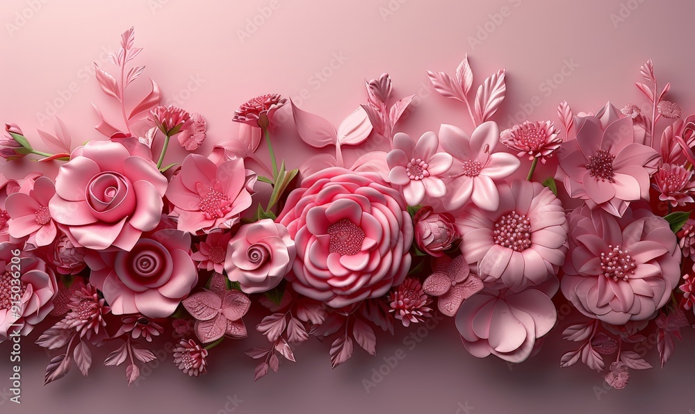 A high-contrast 3D floral composition featuring abstract roses in pink monochrome, bordered neatly with plenty of copy space for text A high-contrast 3D floral composition featuring abstract roses in pink monochrome, bordered neatly with plenty of copy space for text