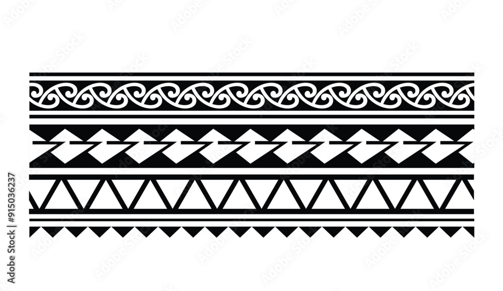 Polynesian tattoo design tribal border.Tribal design ethnic ornament maori band.Samoan Tattoo ribbon sleeve bracelet.Fabric seamless isolated hawaiian armband pattern on white background. Polynesian tattoo design tribal border.Tribal design ethnic ornament maori band.Samoan Tattoo ribbon sleeve bracelet.Fabric seamless isolated hawaiian armband pattern on white background.