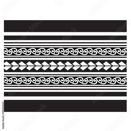 Polynesian tattoo design tribal border.Tribal design ethnic ornament maori band.Samoan Tattoo ribbon sleeve bracelet.Fabric seamless isolated hawaiian armband pattern on white background.