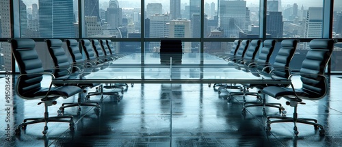 A modern, sleek conference room with a panoramic city view. Elegant chairs and a glass table complete the professional setting. photo