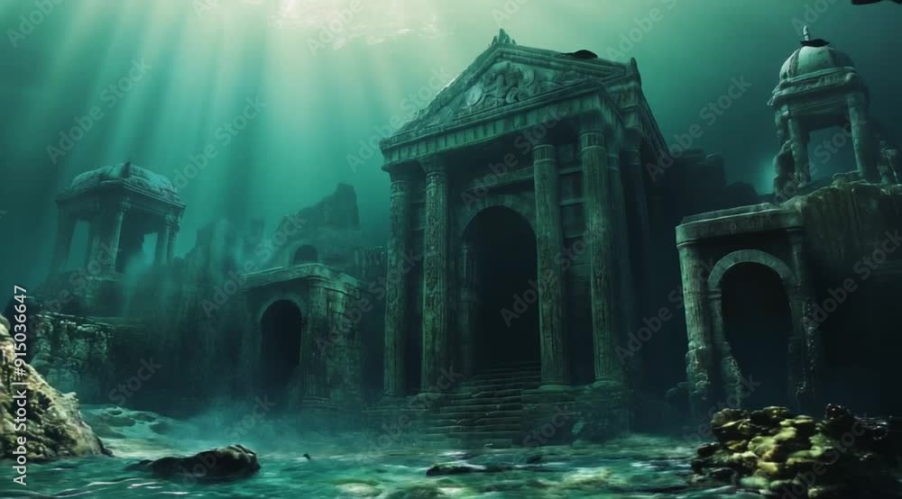 Scene of temple site submerged in the sea, Camera slow motion with different angles Scene of temple site submerged in the sea, Camera slow motion with different angles