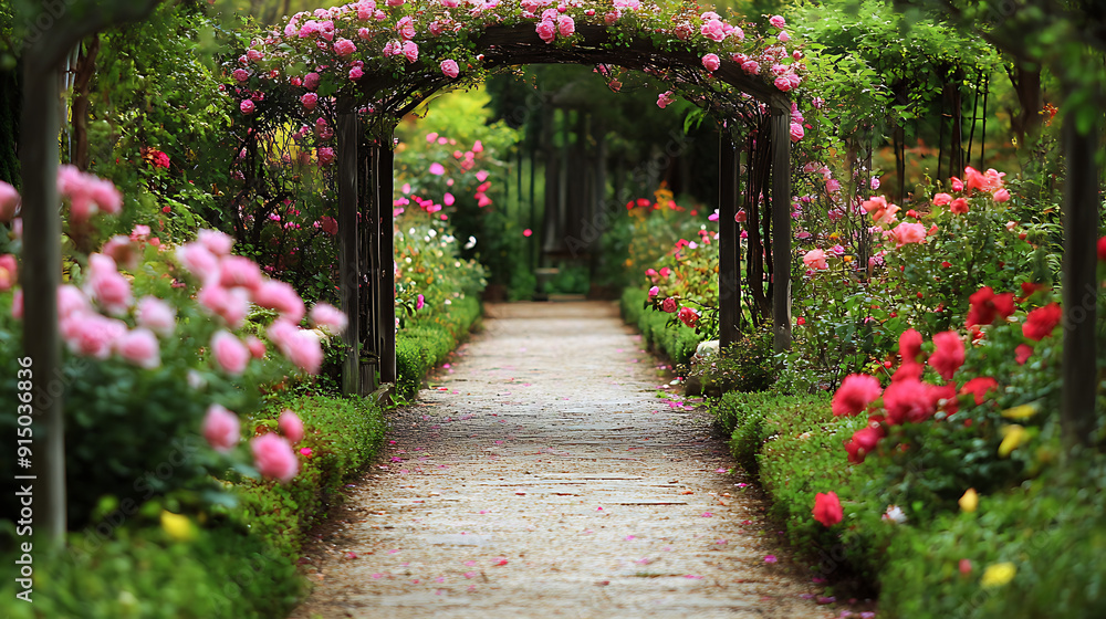A path lined with blooming flowers leading to a quaint garden gate A path lined with blooming flowers leading to a quaint garden gate