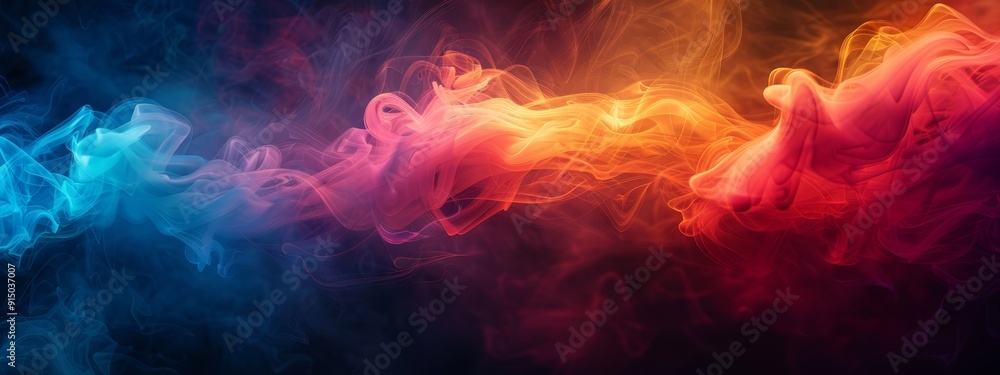 Vibrant smoke against black backdrop; red, yellow, blue, and pink clouds ascending from its peak Vibrant smoke against black backdrop; red, yellow, blue, and pink clouds ascending from its peak