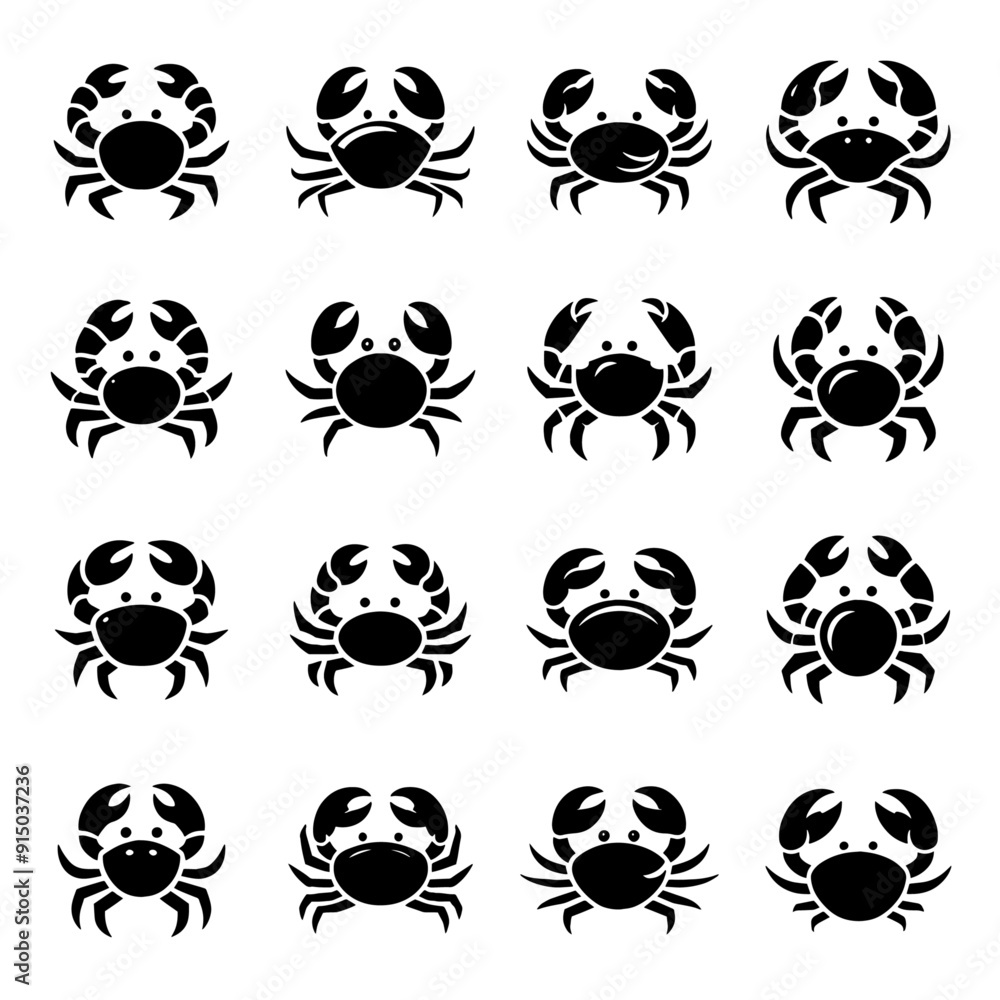 Naklejka premium 16 Black and White Crab Silhouettes. Crab Clipart Collection. Vector Crab Icons