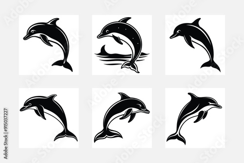 White background minimal Dolphin Fish silhouette artwork set for modern oceanic inspired wall art
