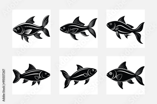 Minimalist fish swimming silhouettes on white background art set
