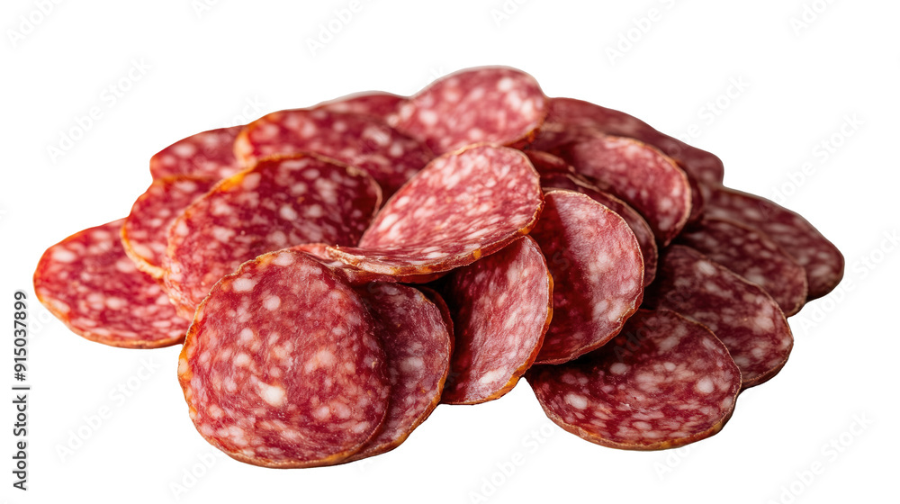 Freshly sliced salami isolated on transparent background