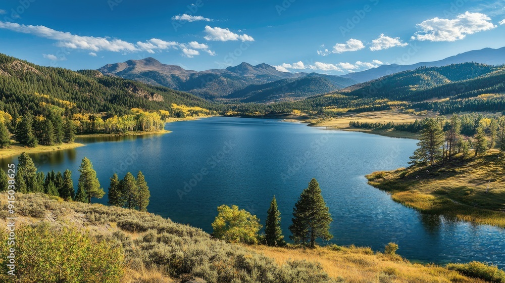 Idyllic view of Vallecito Lake with shimmering waters and forested slopes, providing a serene escape into nature Idyllic view of Vallecito Lake with shimmering waters and forested slopes, providing a serene escape into nature