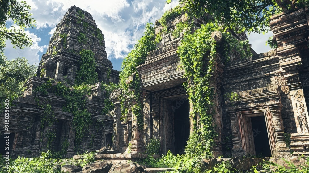 Ancient temple ruins overgrown with vibrant greenery, showcasing intricate stone carvings and a mystical atmosphere.