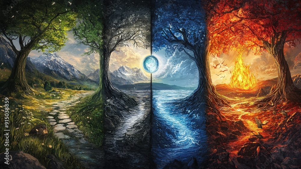 A stunning artistic representation of the four elements: earth, water, fire, and air, showcasing nature's beauty and diversity. A stunning artistic representation of the four elements: earth, water, fire, and air, showcasing nature's beauty and diversity.