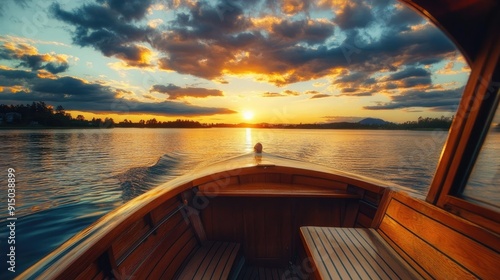 Inside an open cabin boat, highlighting a serene sunset journey with picturesque views of the calm waters. photo