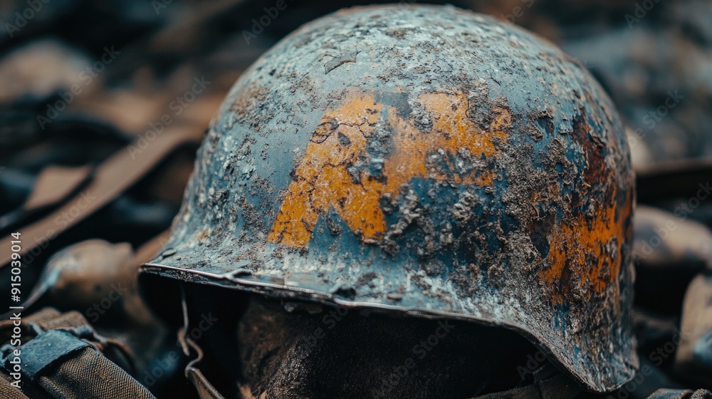 Fototapeta premium Battle-Tested WWII Soldier Helmet and Gear: Detailed Textures and Weathering Close-Up