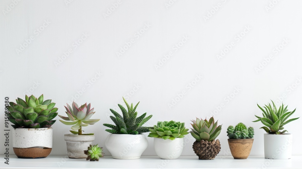 Succulent plants in front of white wall, home design. Front view with copy space Succulent plants in front of white wall, home design. Front view with copy space