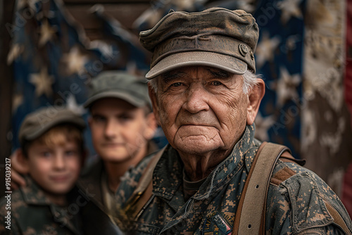 Close-up of an army veteran, in a ceremonial with his grandchildren, on Veteran's Day.