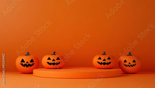 3d render podium scene with orange empty platform, pumpkins in halloween background