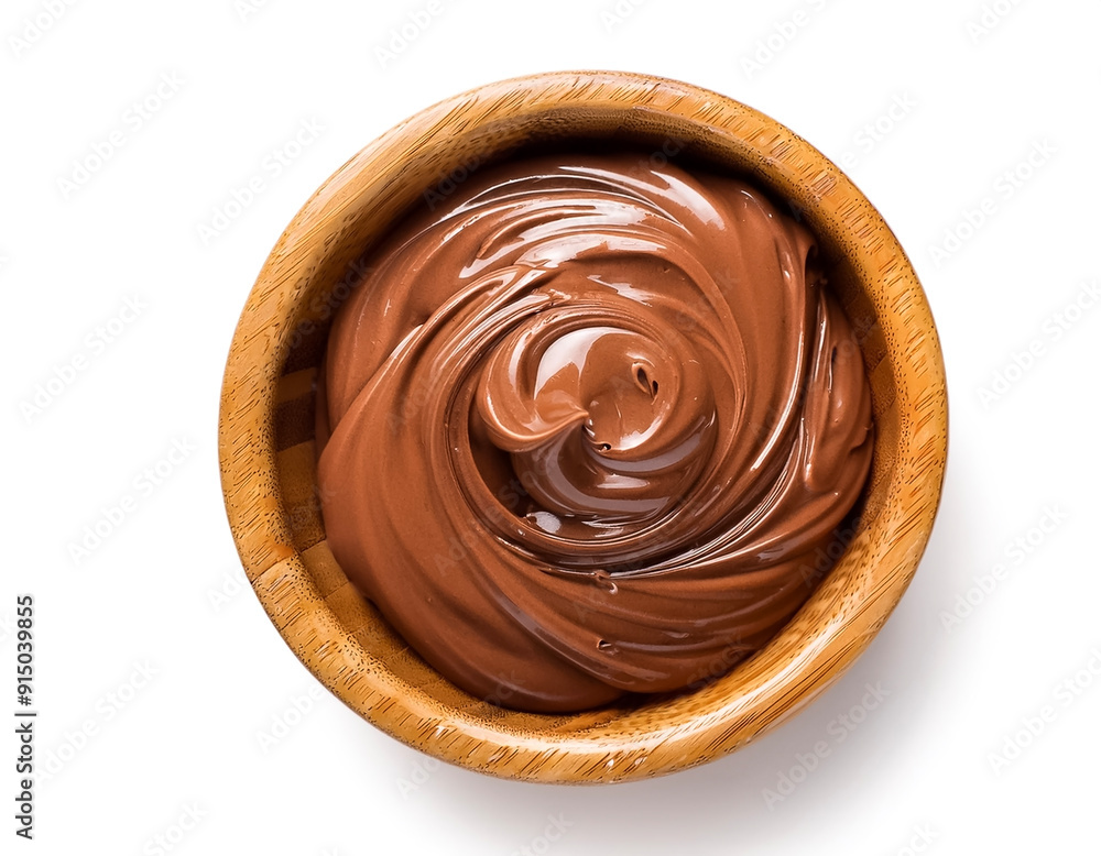 chocolate cream in wooden bowl isolated on white background chocolate cream in wooden bowl isolated on white background