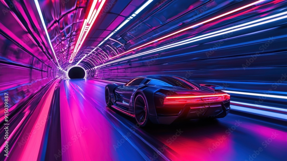 A futuristic car accelerates through a neon-lit tunnel, creating a vibrant mix of speed and light in motion. A futuristic car accelerates through a neon-lit tunnel, creating a vibrant mix of speed and light in motion.
