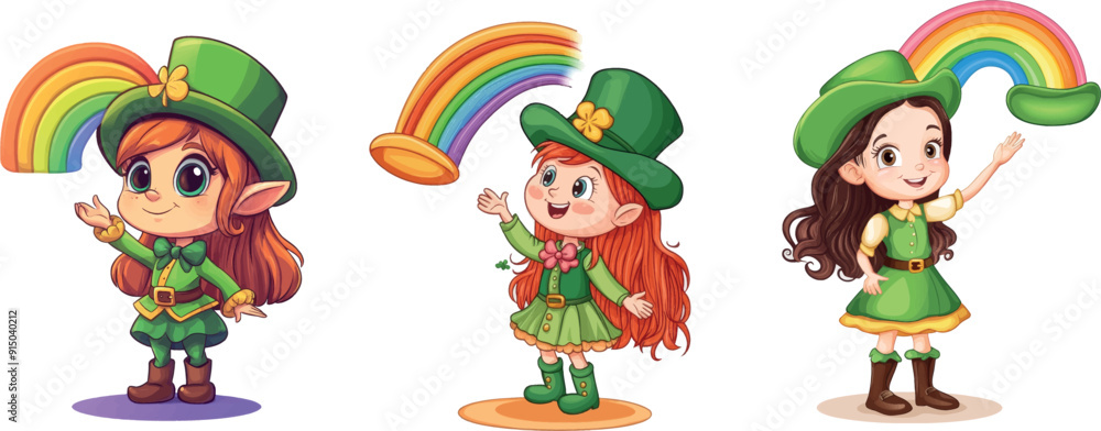 This cartoon shows a girl Leprechaun with a magic rainbow hat This cartoon shows a girl Leprechaun with a magic rainbow hat