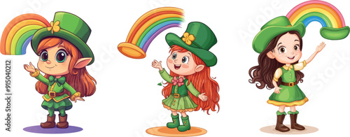 This cartoon shows a girl Leprechaun with a magic rainbow hat