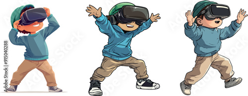 Warm clothes and virtual reality glasses on a boy