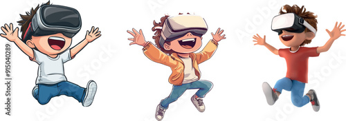 This cartoon illustrates a boy wearing virtual reality glasses