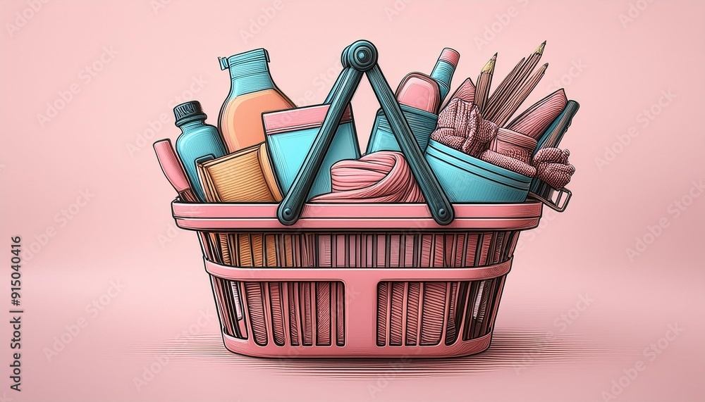 A minimalist drawing of a shopping basket with various items. A minimalist drawing of a shopping basket with various items.