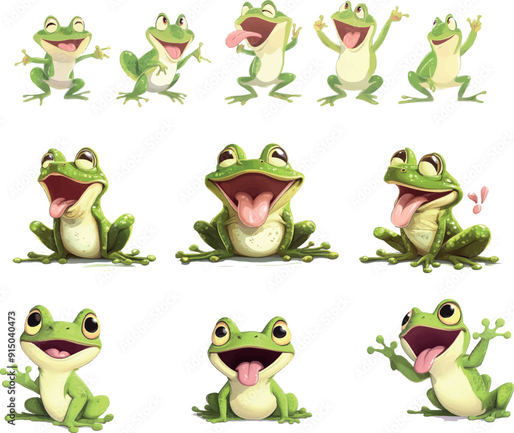 Cute green frog character with different poses. Posing toads are catching insects with their tongues and sit and croak. Amphibians are cheerful animals in ponds or swamps. Cute green frog character with different poses. Posing toads are catching insects with their tongues and sit and croak. Amphibians are cheerful animals in ponds or swamps.