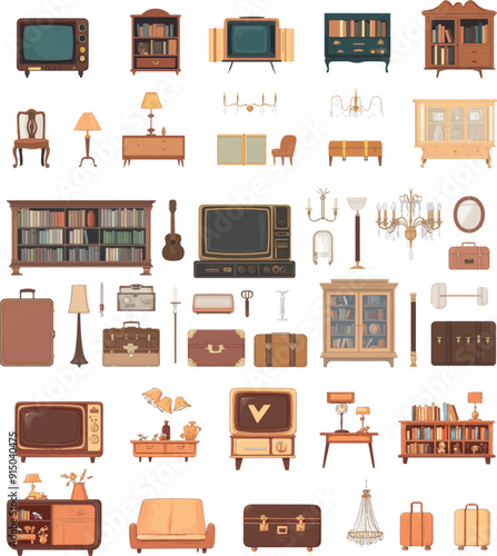 Vintage furniture with price tags for a garage sale or flea market. Old cupboard, cabinet, tv, lamp, books, and vinyl record player.
