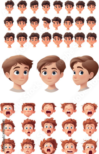 Face construction set of a young African boy isolated on white background. Cartoon illustration of a young boy avatar kit, with eyebrows, lips, noses, hairstyles, and emotions on the lips.