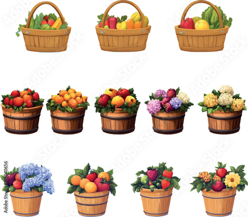 With wicker basket and wooden plate, autumn countryside fruits and vegetables. Cartoon illustrations of seasonal food, flowers, mushrooms, and carrots.