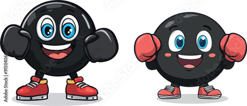 Character of a happy hockey puck smiling and raising its hands in the air