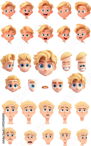 Avatar construction kit featuring different eyes and noses, lips, eyebrows, haircuts, and hair colors for boys. Cartoon set of modern kid face generator elements. Create your own character portraits